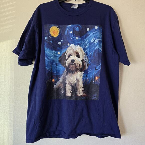 Cute Dog Lover Van Gogh Starry Night Graphic T-shirt Sz XLarge 100% Cotton Art - Picture 1 of 4